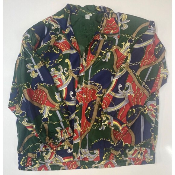Vtg FUDA International Jacket L Silk Bomber Shoulder Pads Equestrian 90s - Picture 3 of 10